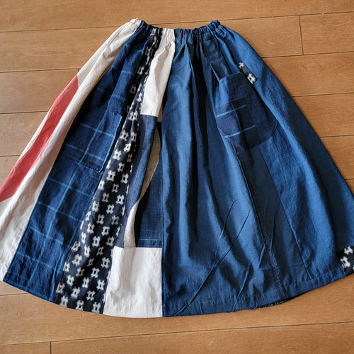 古布 リメイク 手作り 型染め 紋 チェックなど パッチ スカート  