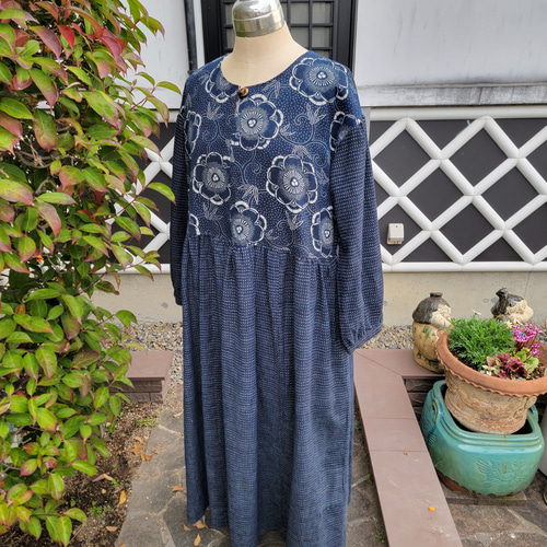 着物リメイク 手作り 型染め 書生絣 ワンピース ワンピース