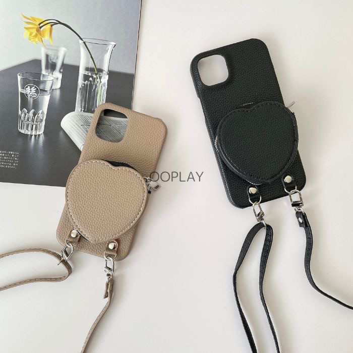 ♡♡シンプル ハート フォンケース スマホショルダーケース ポケット付き カード収納 15pro 14 13 12 11