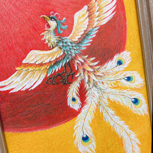 原画】 大空に舞う 鳳凰 風水 太陽 原画 壁掛け 額装 絵画 ゆめ