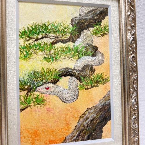 原画】 白蛇 風水 スタンド付 壁掛け 原画 額装 動物画 絵画