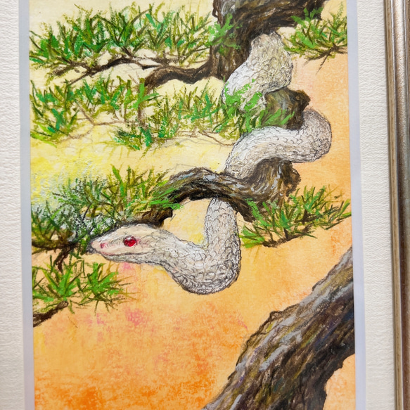 原画】 白蛇 風水 スタンド付 壁掛け 原画 額装 動物画 絵画