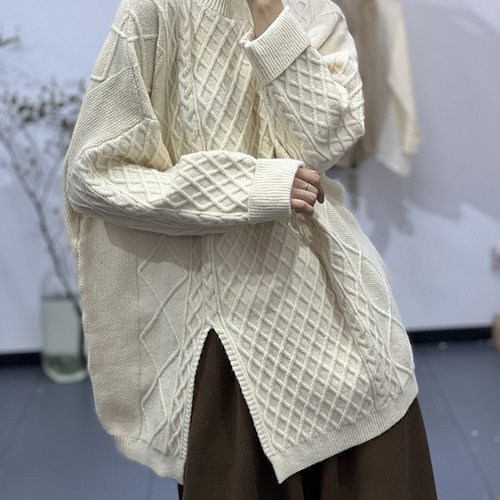 新作)2色.グリーン.手編みニットセーター クルーネックニット ゆったり