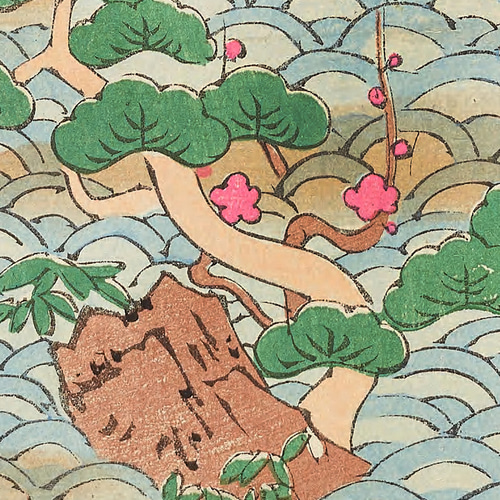 NO.521】海と鶴の日本画アートポスター☆松梅和柄お正月昭和