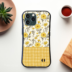 【耐衝撃グリップケース】YELLOW WILD FLOWER ＆ CHECK iPhone  スマホケース 4枚目の画像