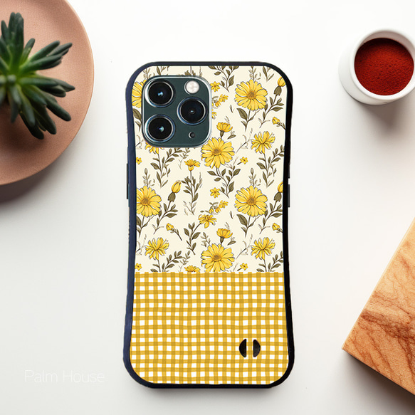 【耐衝撃グリップケース】YELLOW WILD FLOWER ＆ CHECK iPhone  スマホケース 4枚目の画像