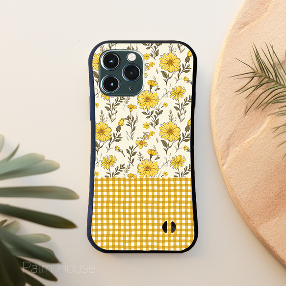 【耐衝撃グリップケース】YELLOW WILD FLOWER ＆ CHECK iPhone  スマホケース 7枚目の画像