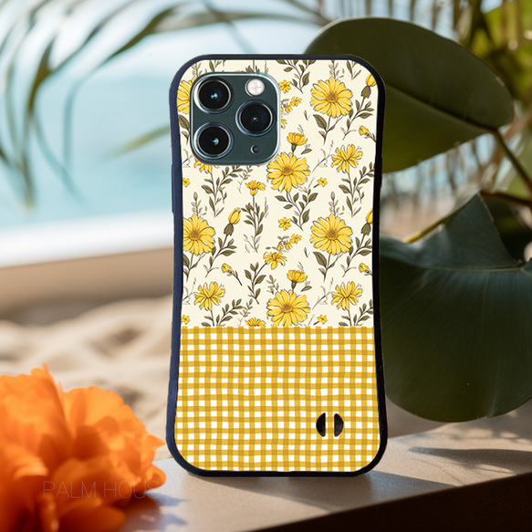 【耐衝撃グリップケース】YELLOW WILD FLOWER ＆ CHECK iPhone  スマホケース 2枚目の画像