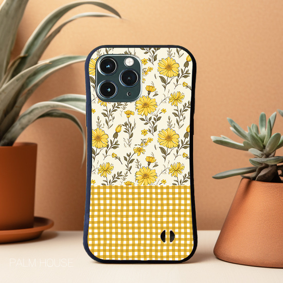 【耐衝撃グリップケース】YELLOW WILD FLOWER ＆ CHECK iPhone  スマホケース 8枚目の画像