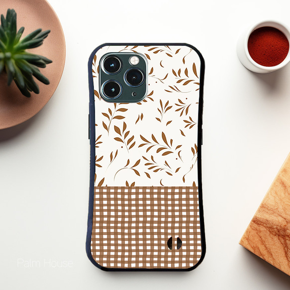 【耐衝撃グリップケース】WHITE ＆ BROWN NATURAL LEAVES ギンガム iPhone  スマホケース 7枚目の画像