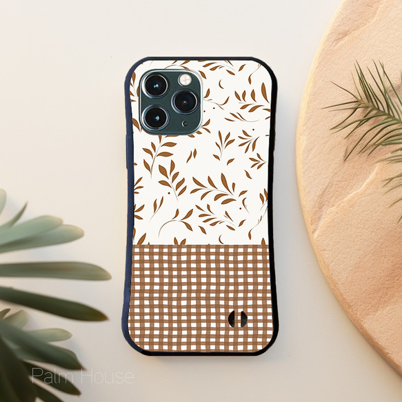 【耐衝撃グリップケース】WHITE ＆ BROWN NATURAL LEAVES ギンガム iPhone  スマホケース 6枚目の画像