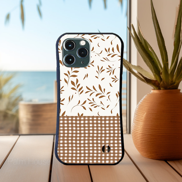 【耐衝撃グリップケース】WHITE ＆ BROWN NATURAL LEAVES ギンガム iPhone  スマホケース 8枚目の画像