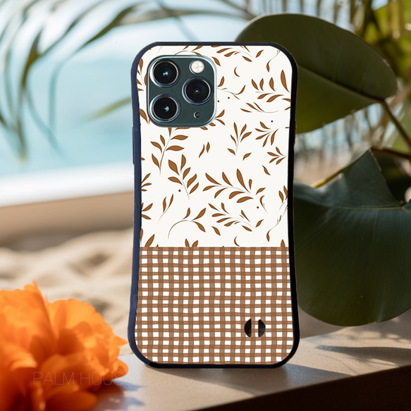 【耐衝撃グリップケース】WHITE ＆ BROWN NATURAL LEAVES ギンガム iPhone  スマホケース 2枚目の画像