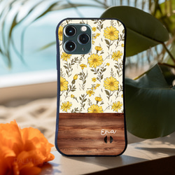 名入れ♪【耐衝撃グリップケース】YELLOW FLOWER＆WOOD iPhone  スマホケース 2枚目の画像