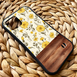 名入れ♪【耐衝撃グリップケース】YELLOW FLOWER＆WOOD iPhone  スマホケース 3枚目の画像