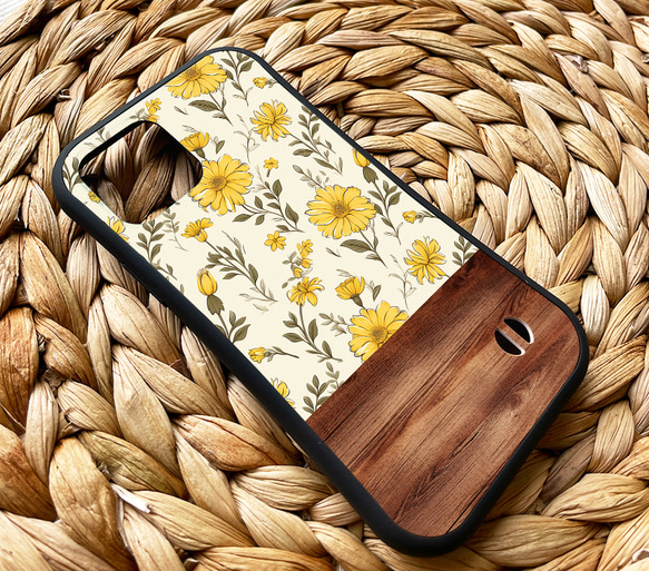 名入れ♪【耐衝撃グリップケース】YELLOW FLOWER＆WOOD iPhone  スマホケース 3枚目の画像