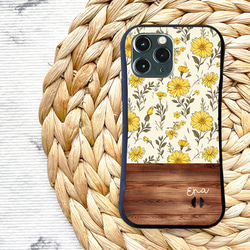 名入れ♪【耐衝撃グリップケース】YELLOW FLOWER＆WOOD iPhone  スマホケース 5枚目の画像