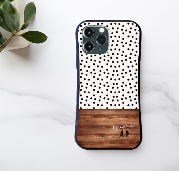 名入れ♪【耐衝撃グリップケース】WHITE DOT＆WOOD iPhone  スマホケース ドット柄 1枚目の画像