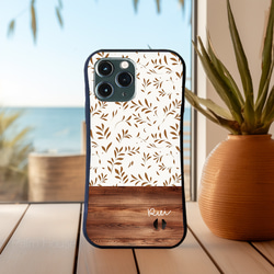 名入れ♪【耐衝撃グリップケース黒】BROWN NATURAL LEAVES ＆WOOD iPhone  スマホケース 7枚目の画像