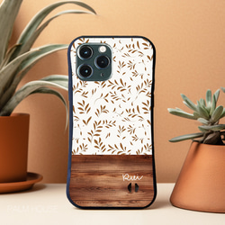 名入れ♪【耐衝撃グリップケース黒】BROWN NATURAL LEAVES ＆WOOD iPhone  スマホケース 5枚目の画像