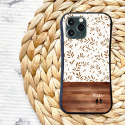 名入れ♪【耐衝撃グリップケース黒】BROWN NATURAL LEAVES ＆WOOD iPhone  スマホケース 4枚目の画像