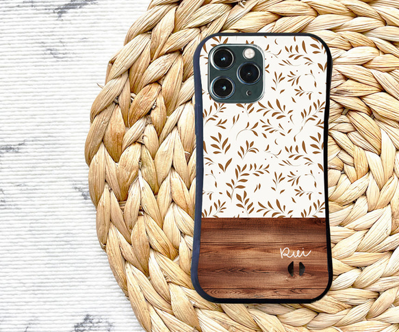 名入れ♪【耐衝撃グリップケース黒】BROWN NATURAL LEAVES ＆WOOD iPhone  スマホケース 4枚目の画像