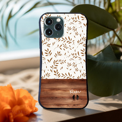 名入れ♪【耐衝撃グリップケース黒】BROWN NATURAL LEAVES ＆WOOD iPhone  スマホケース 2枚目の画像