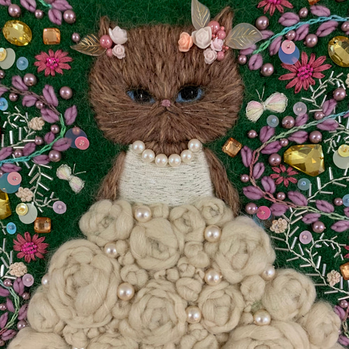 猫さんとビーズ刺繍のバッグ 羊毛フェルト生地のバッグ ハンドバッグ 