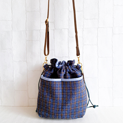 巾着バッグ 巾着ショルダーバッグ ミニショルダー ツイード ネイビー