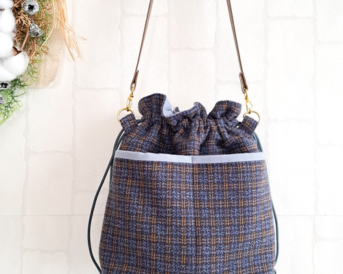 巾着バッグ 巾着ショルダーバッグ ミニショルダー ツイード ネイビー