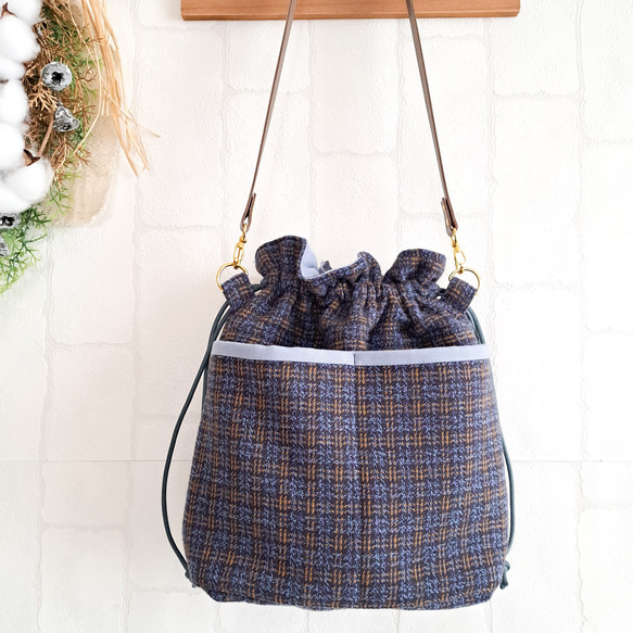 巾着バッグ 巾着ショルダーバッグ ミニショルダー ツイード ネイビー
