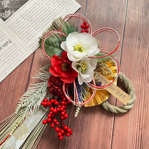 No.629 赤い実と紅白椿のしめ縄リース2024 ハンドメイドお正月飾り玄関