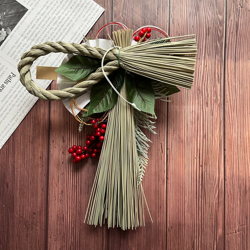 No.629 赤い実と紅白椿のしめ縄リース2024 ハンドメイドお正月飾り玄関