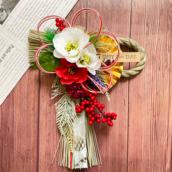 No.629 赤い実と紅白椿のしめ縄リース2024 ハンドメイドお正月飾り玄関