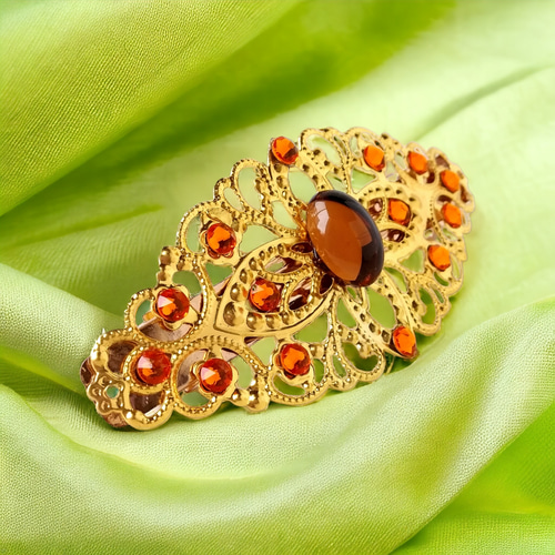 お花のバレッタ♪オレンジ Key of Life【赤い薔薇×ゴールド】透かしバレッタ☆簡単ヘア