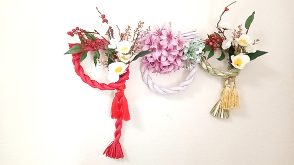 和モダンしめ縄　赤紫　ピンク椿　お正月飾り　 4枚目の画像