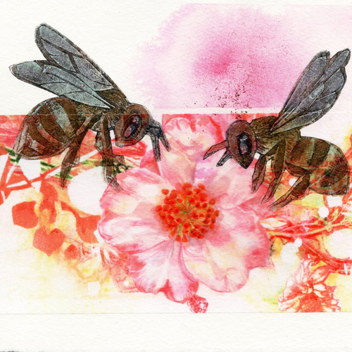 1点もの額装絵画 「サザンカとミツバチ」の原画 絵画 Kaji yoco