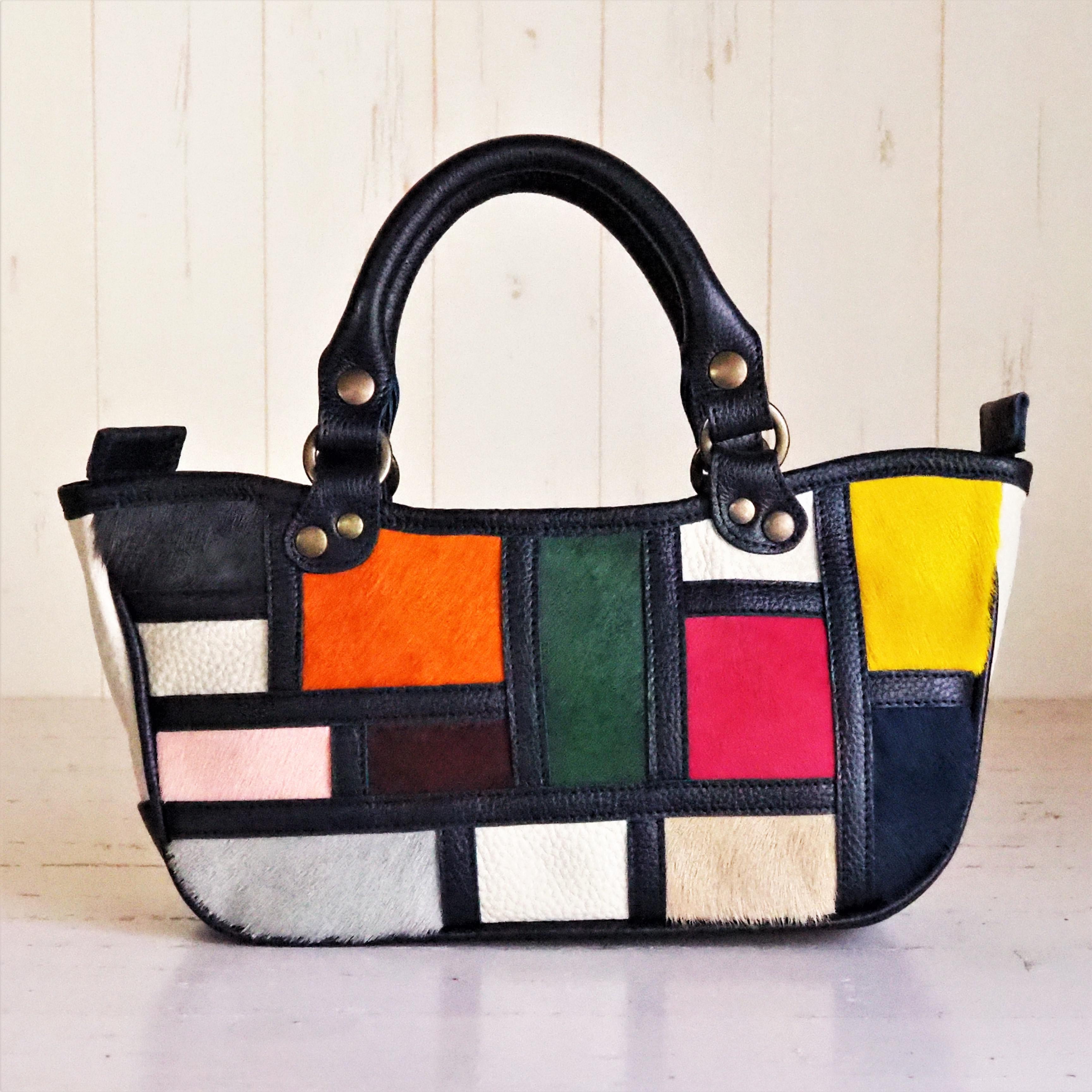 ハラコのパッチワークバッグ・ネイビー・ミニサイズ・一点もの・本革・即納 30,030円