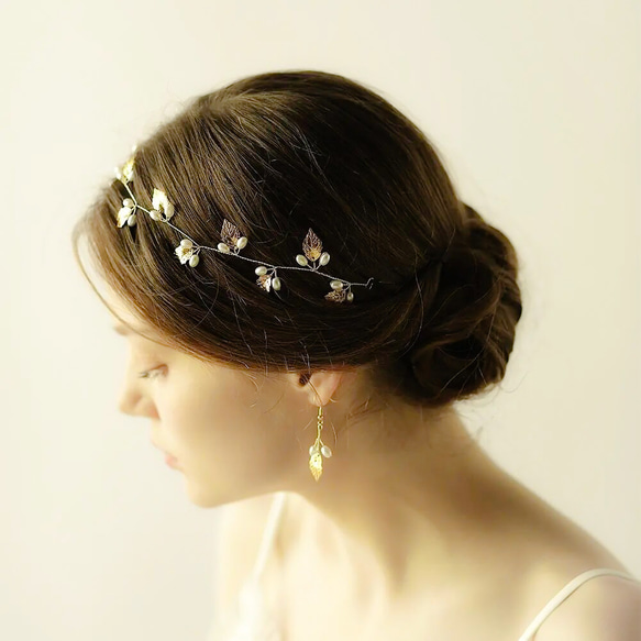 ✴︎ゴールドリーフパールヘッドドレス✴︎ブライダルウェディング結婚式成人式髪飾り成人式飾りウェディングヘアブライダルヘア 5枚目の画像