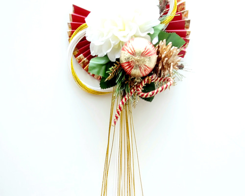 赤扇八の字白金水引結びしめ縄 正月 正月飾り 正月リース しめ縄飾り