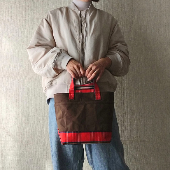 square tote【cacao brown×red check】 9枚目の画像