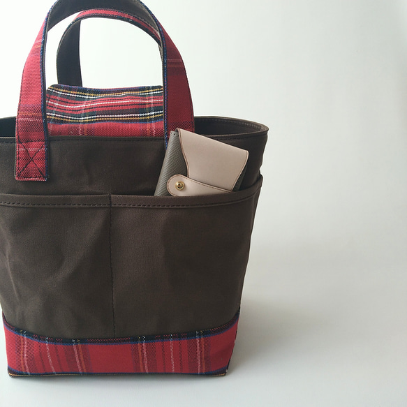 square tote【cacao brown×red check】 4枚目の画像