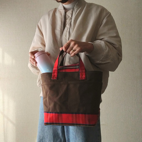 square tote【cacao brown×red check】 7枚目の画像
