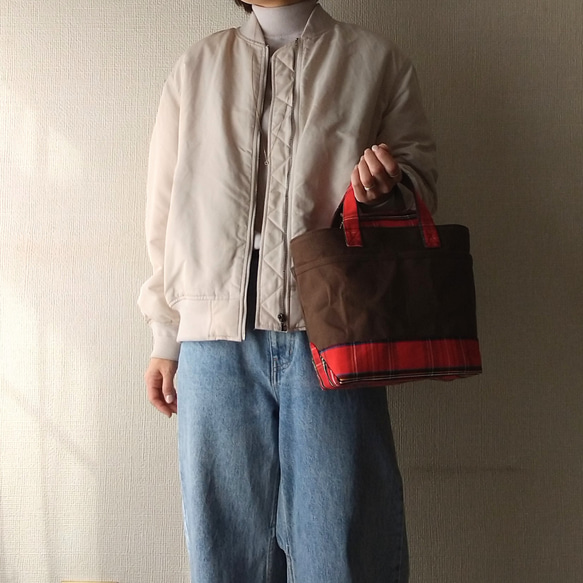 square tote【cacao brown×red check】 10枚目の画像