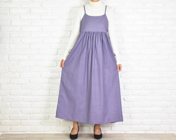 棉質吊帶背心縮褶洋裝套頭裙&lt;紫色&gt; 第2張的照片