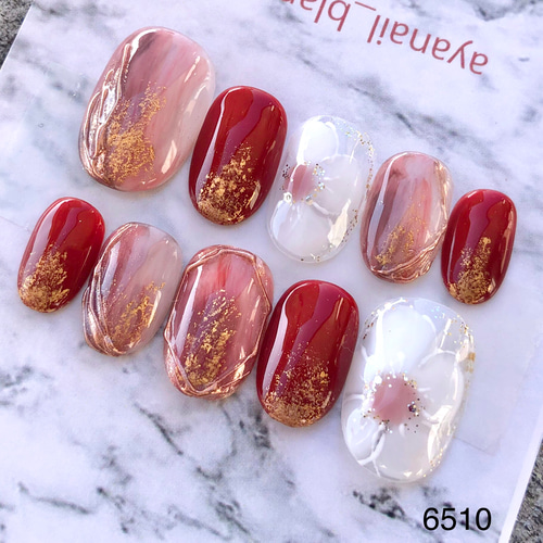 60 【サイズオーダー】ネイルチップ 成人式 卒業式 クリアレッド フラワー