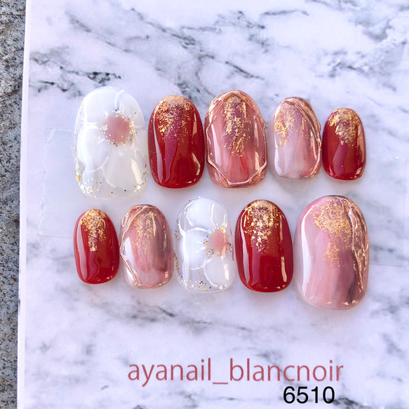 ネイルチップ 6510 レッド 赤 フラワー 冬 現品 サイズ変更不可 成人式  