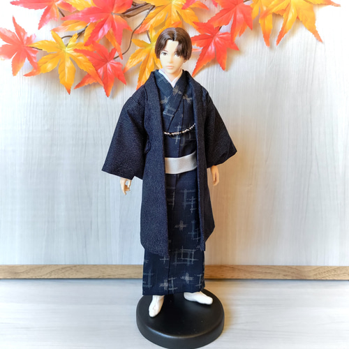 雨の井桁【28cmドール着物＆羽織り】 おもちゃ・人形 手縫いドール着物