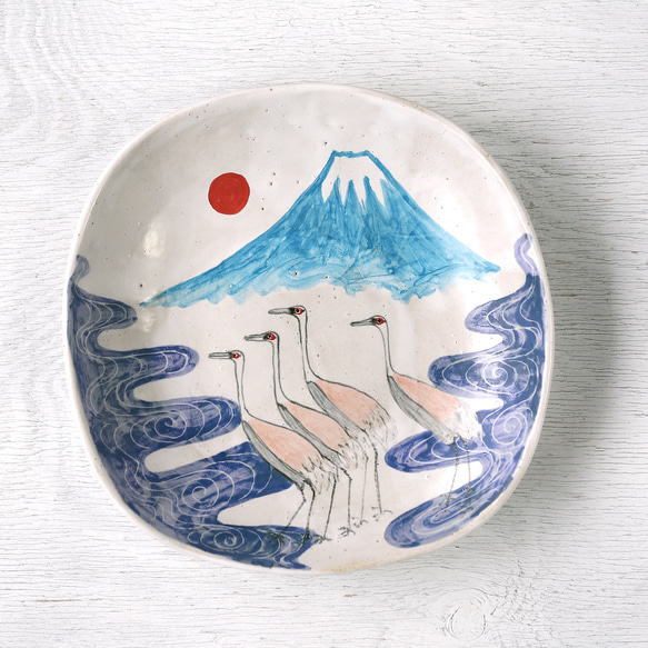藍色富士和一群鶴，木版印刷風格的彩色方盤 第1張的照片