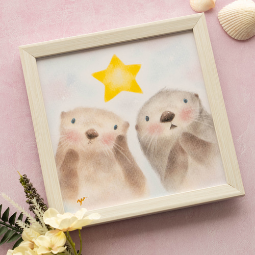 複製画】「仲良しラッコさん♡ 」 パステルアート らっこ 星 かわいい 